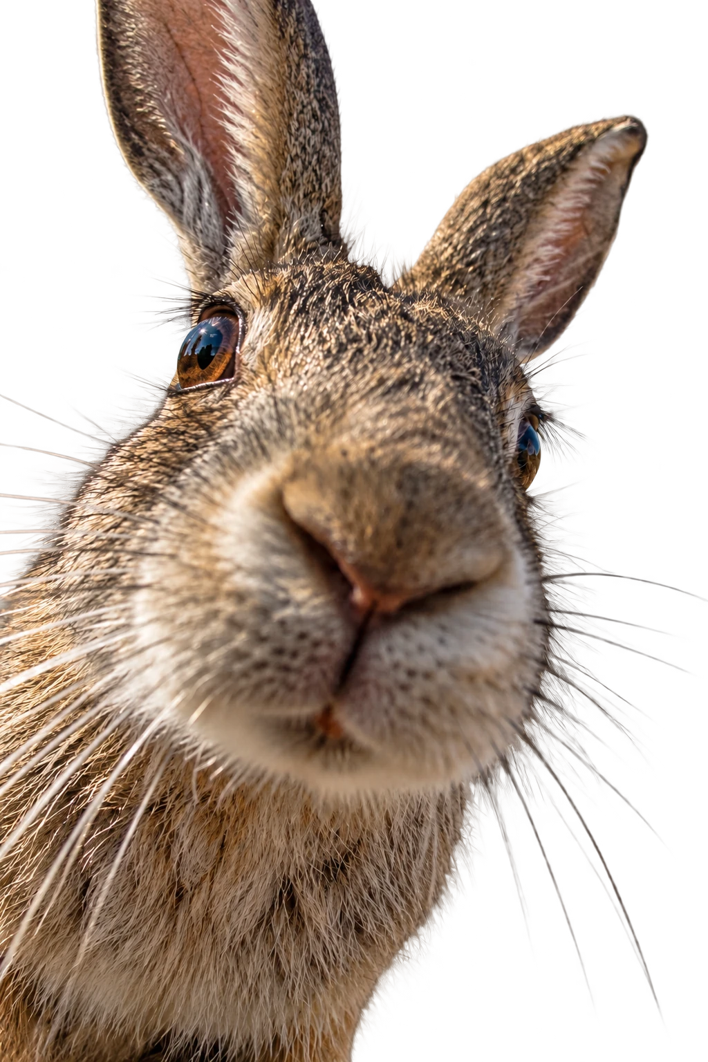 An outdoor close-up of a curious rabbit sniffing the camera