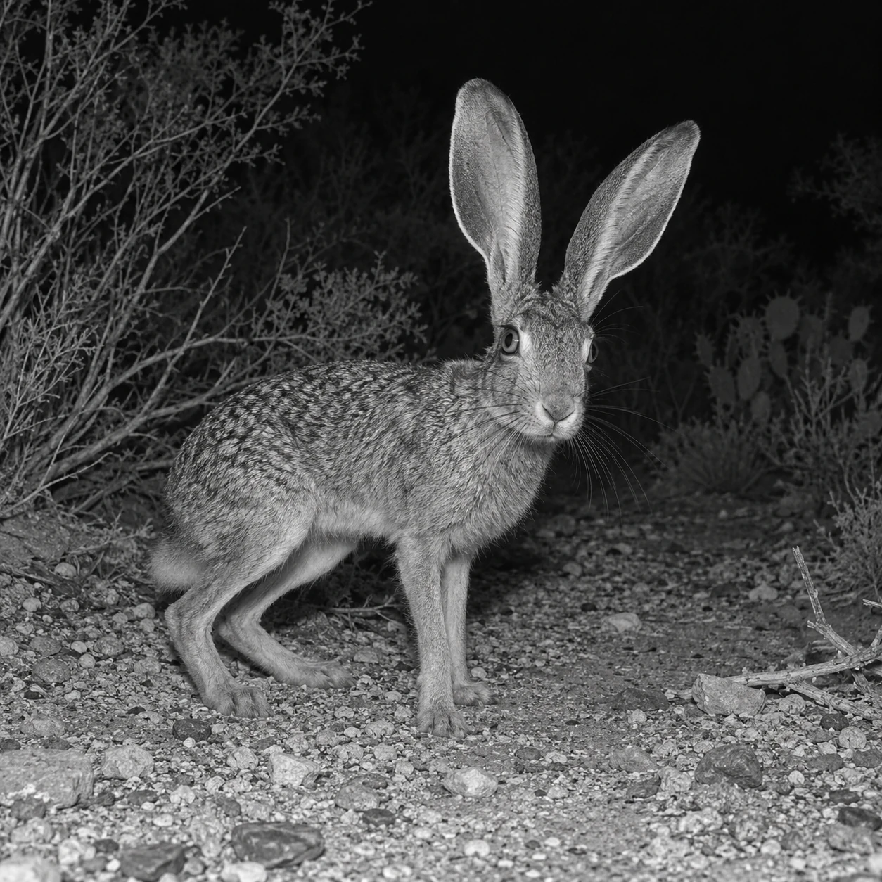 A wild jackrabbit on a desert trail, caught by an infrared camera